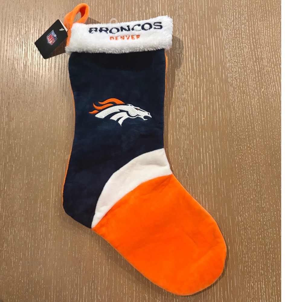 Denver Broncos NFL Christmas Stocking Navy Blue Orange Plush Faux Fur Trim NWT